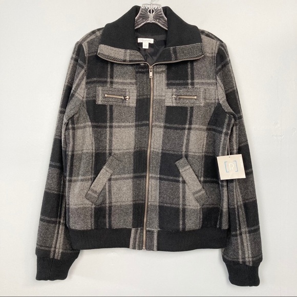 𝅺relativity Black and Gray Plaid Wool Blend Coat - Picture 1 of 15